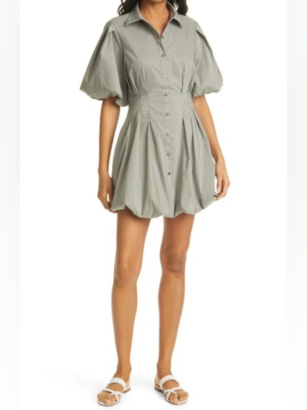 Jonathan Simkhai Cleo Pleated Poplin
Balloon Mini Dress in Olive Green | size 2